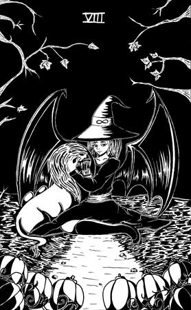 Recreación de la carta del tarot "Strength" con una temática de Halloween